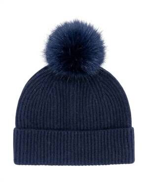 NEW MITCHIE'S MATCHINGS unisex - knitted cashmere beanie with fox pom pom in nav